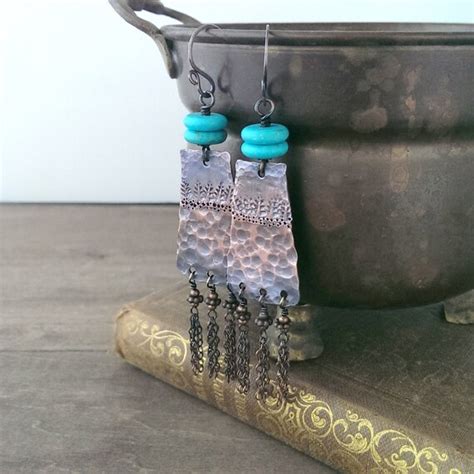 Primitive Copper Earrings Turquoise Magnesite Stamped Etsy