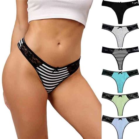 6pack Sexy Lace Cotton Women Thongs Low Rise Hollow Out Female Lingerie Cute Bow Girl Briefs G