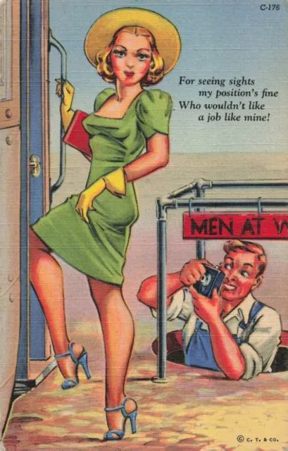 Man At Work Taking Pictures Up Woman S Dress Risque Comic Vintage Linen Postcard Picclick