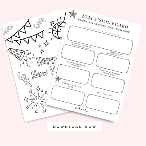 2024 Vision Board Printable For Kids New Years Eve Coloring Page New