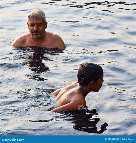 Delhi India Dec 31 2019 Man Taking Bath In Holy River Of Yamuna