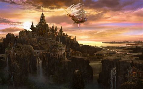 Fantasy Medieval City Fantasy City Fantasy Waterfall Sky