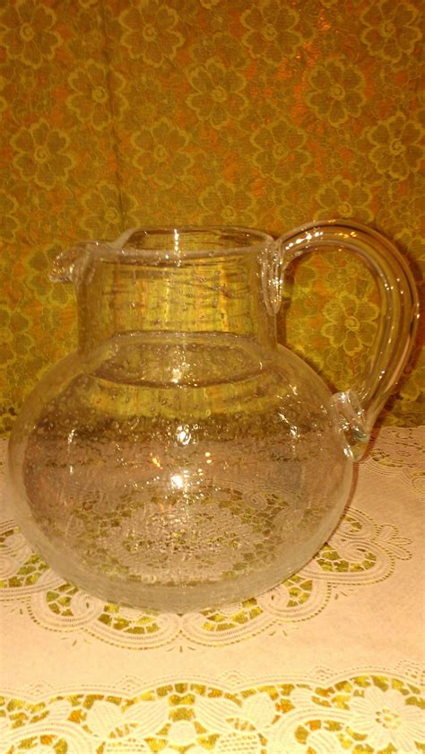 Vtg Clear D Style Handle Pitcher With Bubbles In The Glass Haute Juice