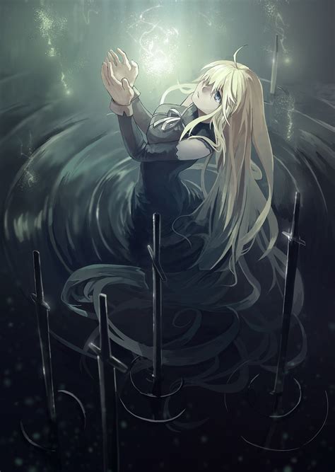 Wallpaper Illustration Fantasy Girl Blonde Long Hair Anime Girls Blue Eyes Water Sword