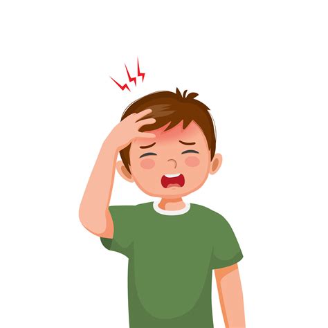Little Boy Suffering From Headache Or Migraine Touching His Forehead