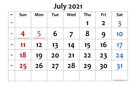 July 2021 Printable Calendar With Holidays