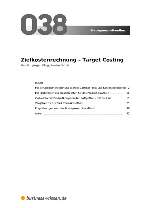 Zielkostenrechnung Target Costing Management Handbuch Business