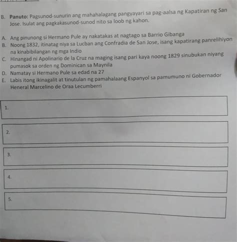 Pagsunod Sunurin Ang Mahalagang Pangyayari Sa Pag Aalsa Ng Kapatiran Ng