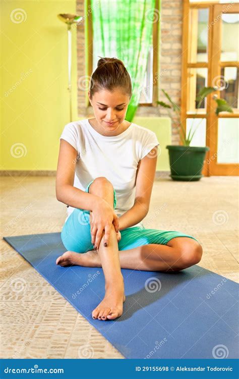 Happy Young Woman Doing Self Massage At Home Stock Photo Image Of