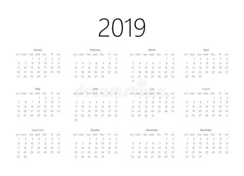 Kalender 2019 På Vit Bakgrund Veckan Startar Söndag Enkel Vektormall