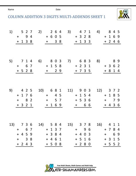 Many 4th grade children still need to practice basic multiplication tables. Free Math Addition Worksheets 4th Grade