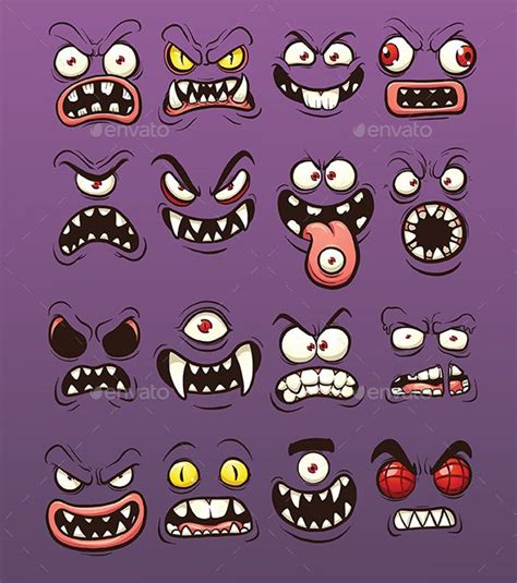 Cartoon Scary And Funny Monster Faces Vector Clip Art Illustration