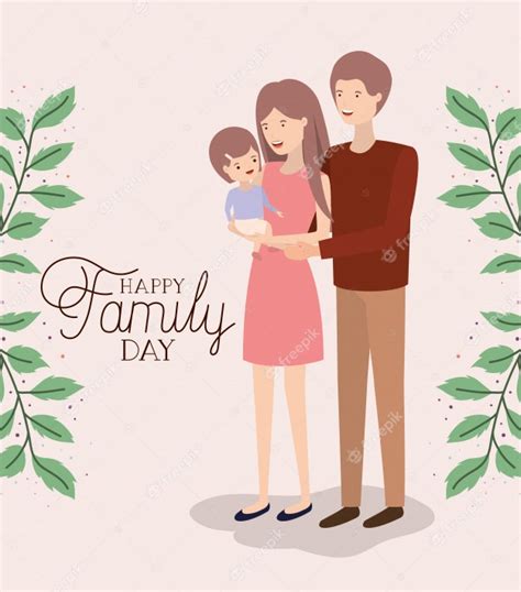 Tarjeta Familiar Del Día Con Padres E Hijas Hojas Corona Vector Premium
