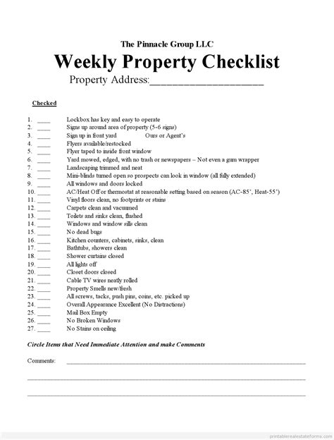 Weekly Property Checklist Lease Options Sample Pdf