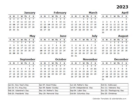 2023 Yearly Calendar Template With Us Holidays Free Printable Templates