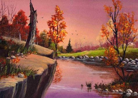 A Painting Of A River With Trees And Rocks