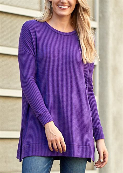 Brushed Thermal Waffle Purple Sweater Women Long Sleeve Long Sleeve Sweater Purple Sweater