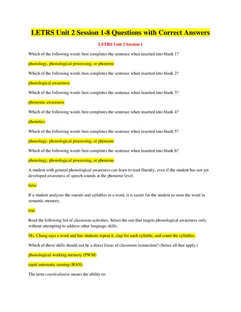 Letrs Unit 2 Session 1 8 Questions With Correct Answers Browsegrades