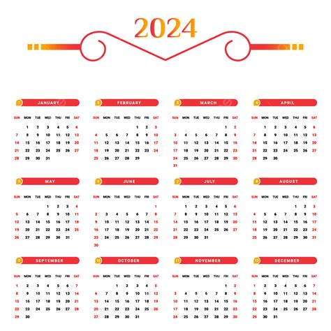 Gambar 2024 Kalendar Merah Dan Kuning Dengan Bentuk Yang Unik Vektor