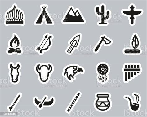 Native American Culture Icons Black White Sticker Set Big Stock