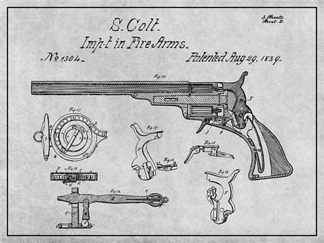 1839 Samuel Colt Paterson Revolver Patent Print Gray Drawing By Greg