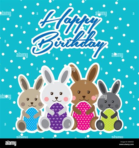 Happy Birthday Card Cute Rabbits Sitting Holding Easter Eggs Vector