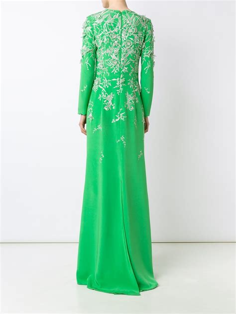 Monique Lhuillier Silk Embroidered Long Sleeved Gown In Green Lyst