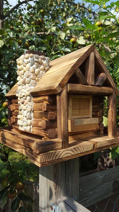 Bird Feeder Log Cabin Style With Stone Chimney Etsyde Decorative