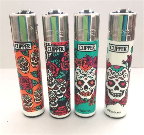 4 X Genuine Clipper Lighters Skulls Head And Rose Design Gas Refillable