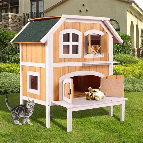 Ktaxon 2 Story Wooden Raised Indoor Outdoor Cat House Cottage Wood