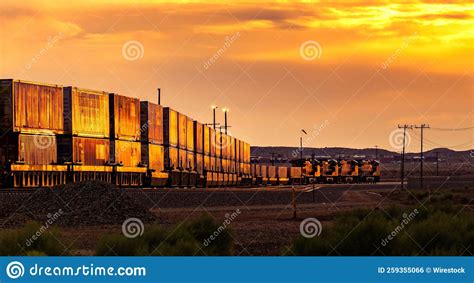 Cargo Train On The Railroad During Bright Yellow Sunset In The