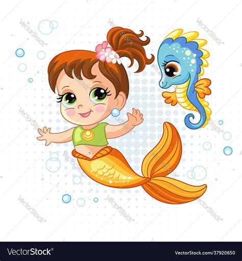 Cute Baby Mermaid And Little Seahorse Royalty Free Vector