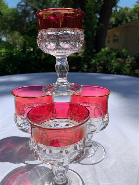 Set Of 4 Wine Glasses Kings Crown Or Thumbprint Pattern Ruby Etsy