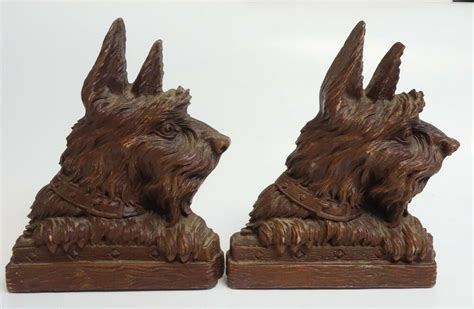 Vintage Bookends Scottish Terrier Dog Figural Orna Wood Carved Detail