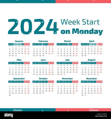 Simple 2024 Year Calendar Week Starts On Monday Stock Vector Image