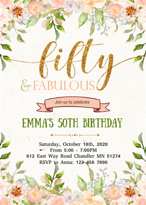 Floral 50th Birthday Invitation Template Postermywall