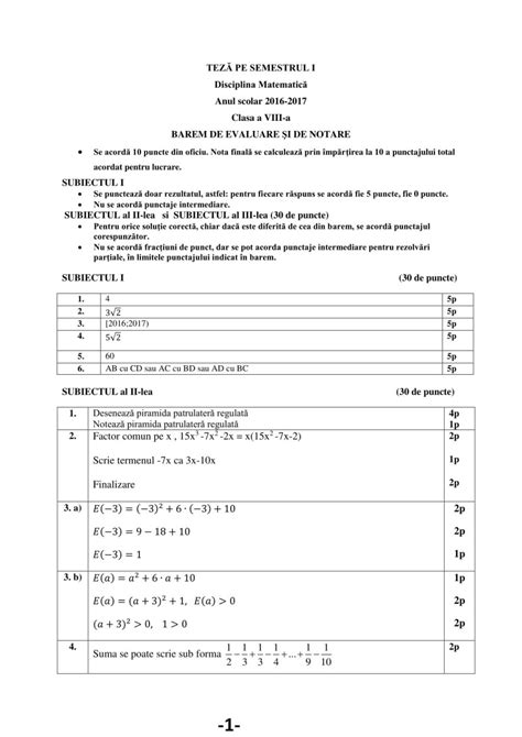 Teză Cu Subiect Unic Matematică Semestrul 1 Clasa A 8 A Modele Edu