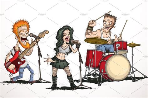 Rock Band Of Three Musicians Three Musicians Rock Bands Girl Hair Drawing