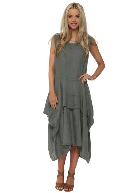 Made In Italy Khaki Green Linen Layered Day Dress