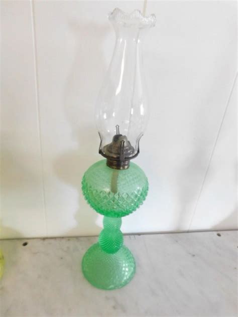 vintage hobnail uranium glass base oil lamp