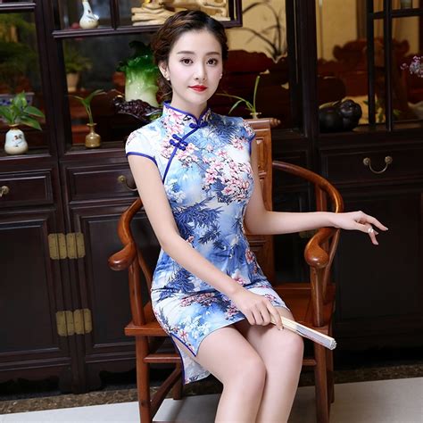 Fashion 2017 Sleeveless Cheongsam Sexy Short Qipao Dresses Blue Qi Pao Chinese Traditional Dress