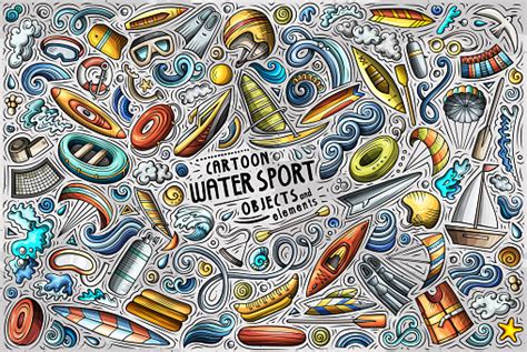 Vector Doodle Kartun Set Objek Olahraga Air Dan Simbol Ilustrasi Stok