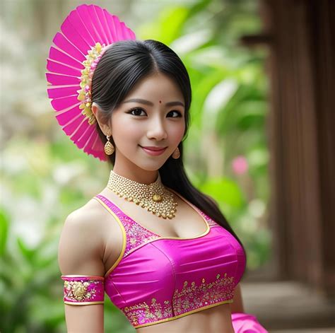 premium ai image beautiful asian girl in thai traditional costume with pink fan