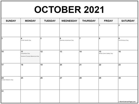 October 2021 Calendar With Holidays Printable Calendars 2021