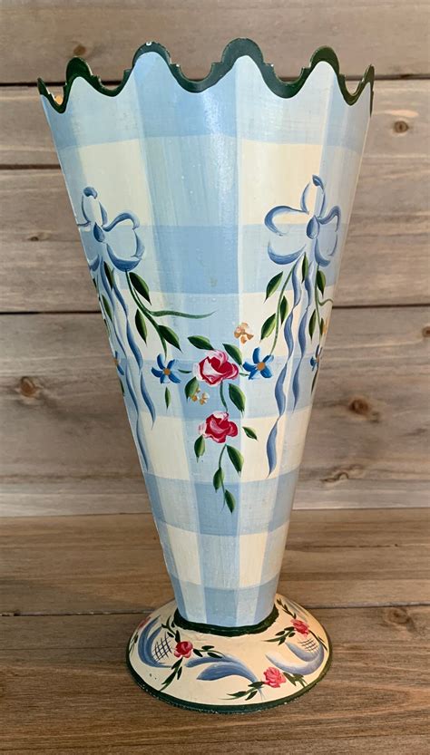 Jane Keltner Vase Metal Hand Painted Tole Flower Vase Etsy