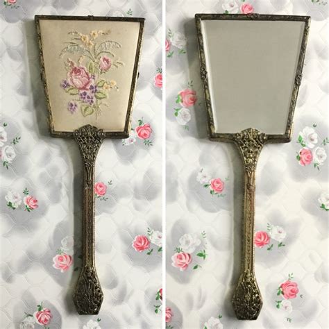 Vintage Hand Mirror With Gold Metal Handle And Petit Point Roses