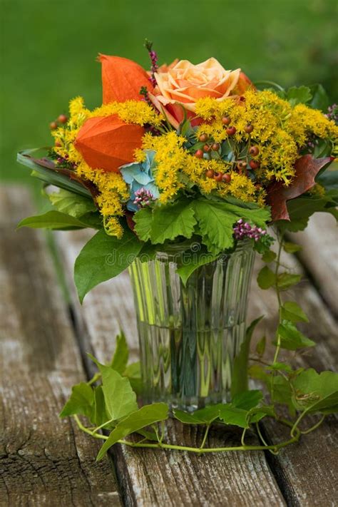 Colorful Autumn Flowers Bouquet In A Glass Vase Stock Image Image Of