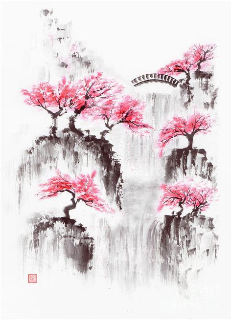 Sakura Tree Blossom Zen Garden With A Waterfall And A Bridge Fin
