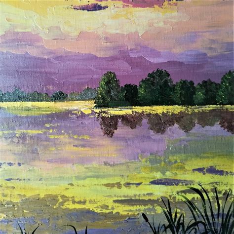 Lake Sunset Painting Landscape Impasto Art