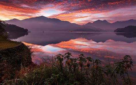 Sunset Mountains China Yuchi Lake Lake Candidus Taiwan Hd